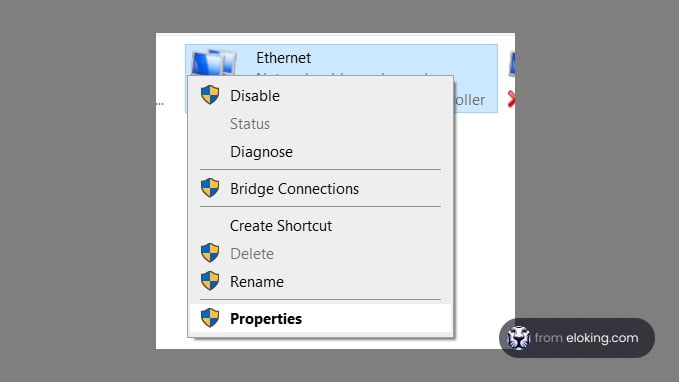 Screenshot showing Ethernet context menu with options including Properties and Disable