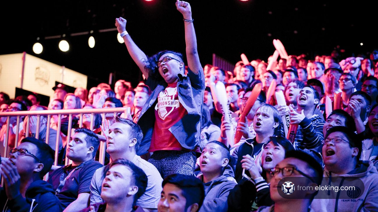 Excited audience cheering at an esports championship event