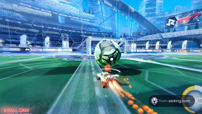 Intense moment in a futuristic car soccer game