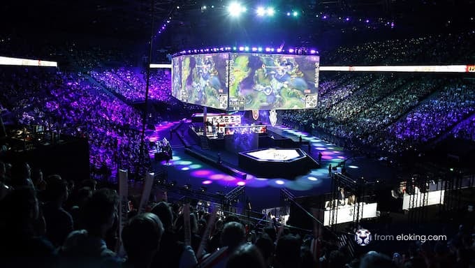 Crowd watching an eSports event in a large stadium illuminated by purple lights