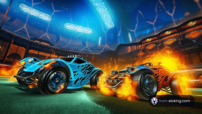 Futuristic cars playing soccer in a stadium with flames