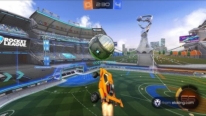 An intense Rocket League match featuring an orange car hitting a ball mid-air in a futuristic stadium