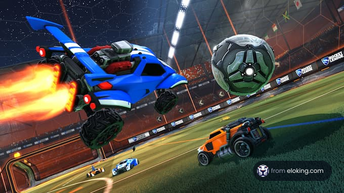 Two rocket-powered cars playing soccer in an arena