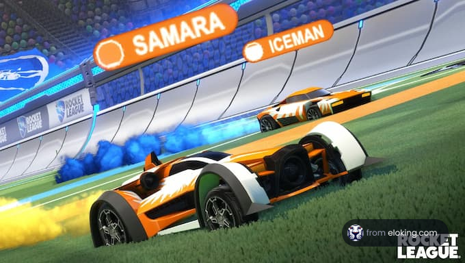 Rocket League match scene with two colorful cars named SAMARA and ICEMAN on a vibrant soccer field