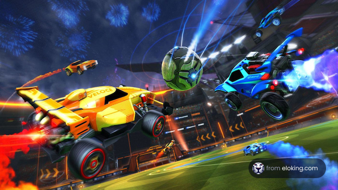 Rocket-powered cars playing soccer in an arena