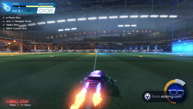 A car on a futuristic soccer field boosting with flame trails in a video game