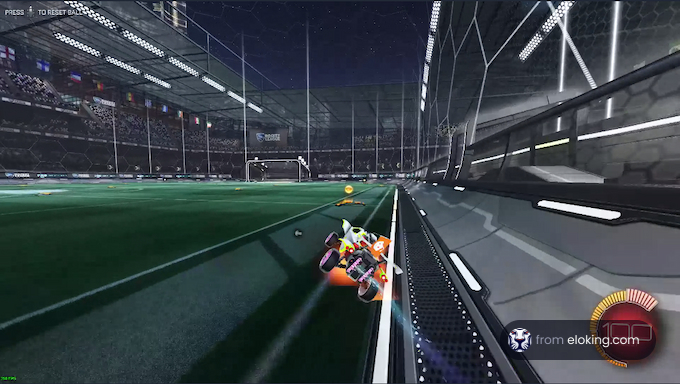 A dynamic scene from a video game featuring soccer with futuristic elements and intense gameplay in a stadium