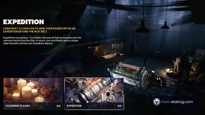 Expedition mission setup for raiders in a dimly lit room.