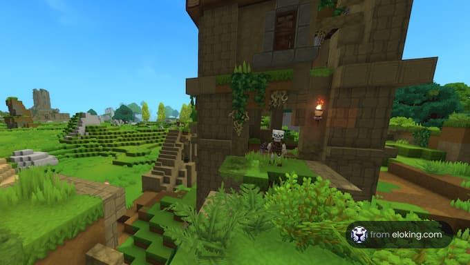 緑豊かな風景と独特な建物がある魅力的な村のシーン。