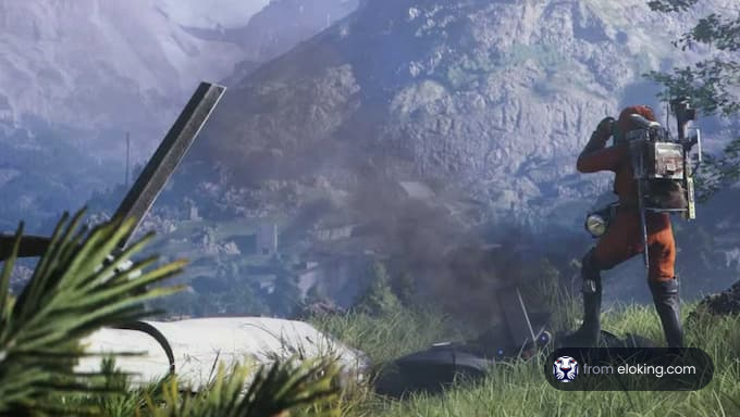 Una figura in tuta arancione che esplora un paesaggio lussureggiante in un contesto futuristico.