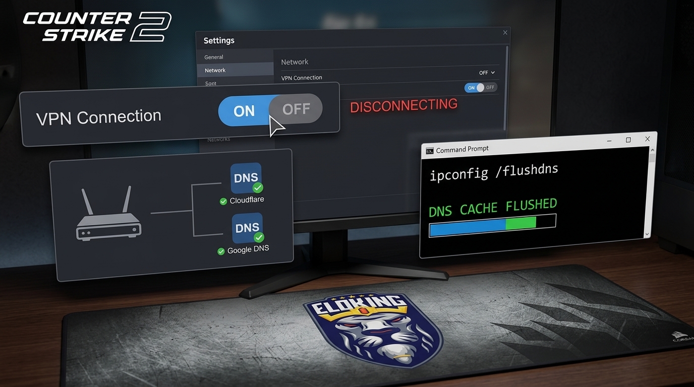 CS2 network troubleshooting scene with VPN, DNS, and cache