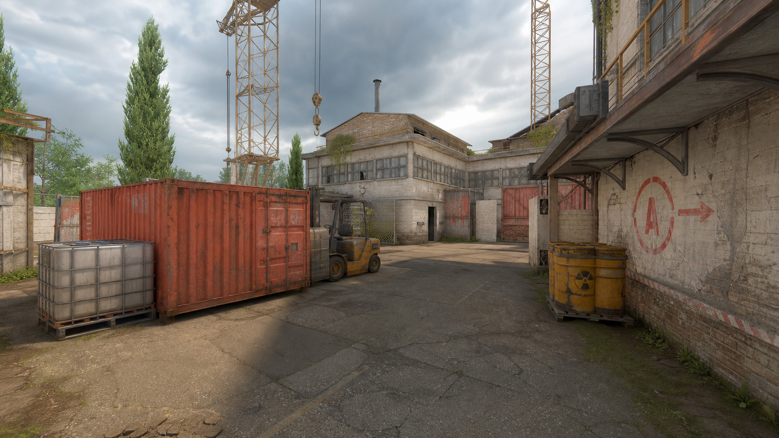 CS2 Cache A-site approach with red container, crane, and industrial cover