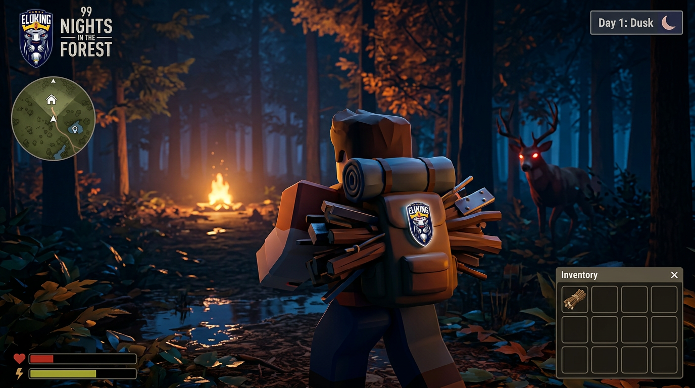Player overextended in the forest at dusk while the campfire glows far away
