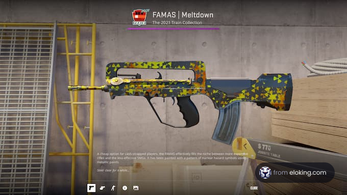 Colorful FAMAS Meltdown skin from the 2021 Train Collection in a video game