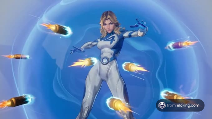 A superhero in a dynamic pose with bullets surrounding her.