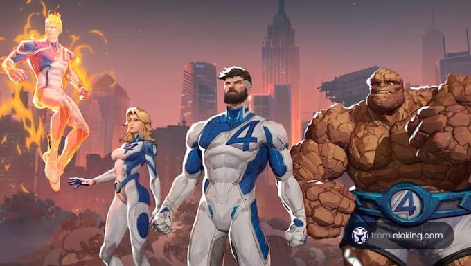 Fantastic Four superheroes posing in a cityscape.