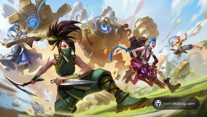 An exciting fantasy action scene featuring heroes in a vibrant landscape.