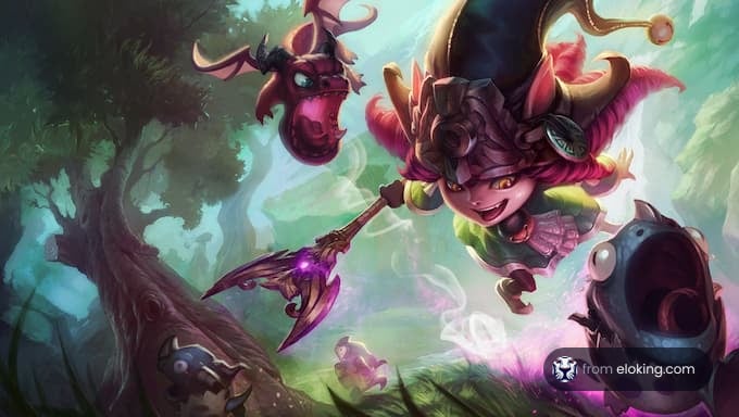 A whimsical character in a forest adventure.