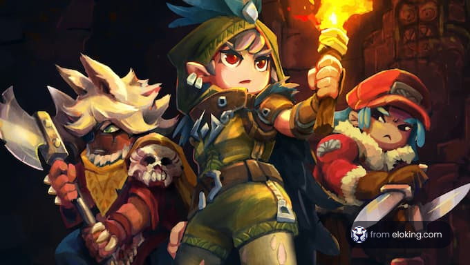 A group of adventurous fantasy characters, featuring a young warrior with a torch.