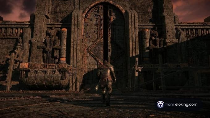 A character approaches a massive ancient gate in a fantasy landscape.