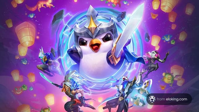 Colorful illustration of a cartoon penguin warrior with a sword, surrounded by magical energy and smaller animated characters