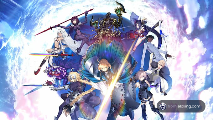 A dynamic illustration of fantasy anime characters in a colorful setting