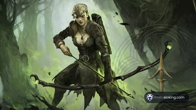 A fierce female archer in a mystical forest setting