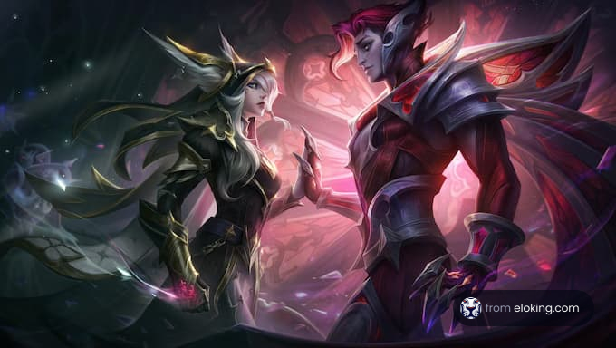Two fantasy characters facing each other in a mystical setting.
