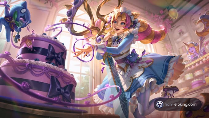 A fantasy baker girl decorates a colorful cake in a whimsical bakery.