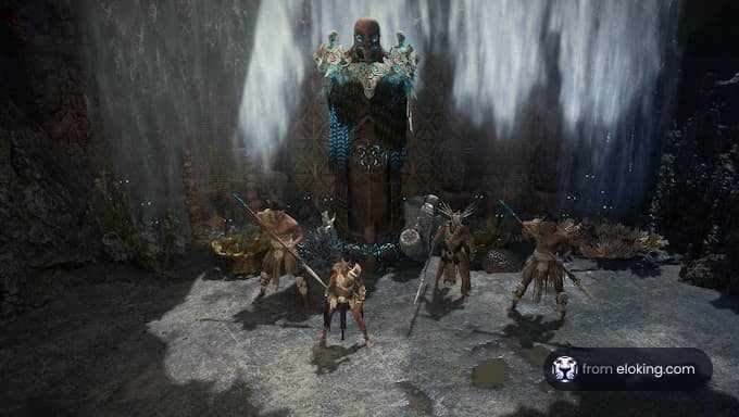 A fantasy battle scene featuring characters in front of an ancient statue.