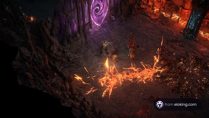 A fantasy battle scene featuring magic and fire in a dark cave.