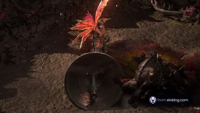 A fantasy battle scene featuring a character in magical armor and a defeated monster