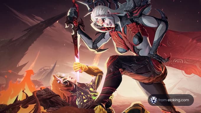 A fierce woman warrior battling a monster in a fantasy setting.
