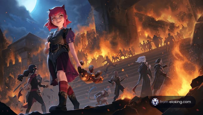 A fantasy character stands boldly amidst chaos and flames.