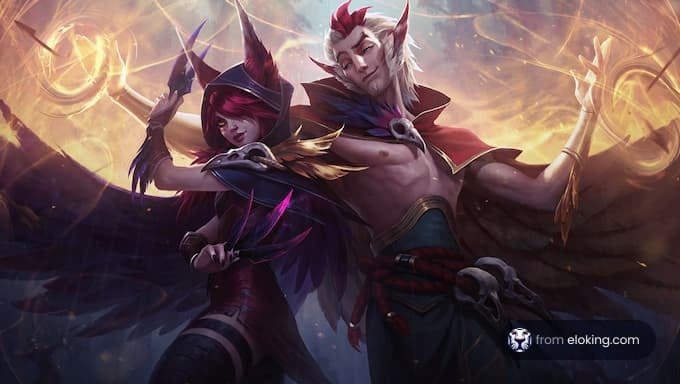 Two fantasy characters in a dynamic pose with magical elements.