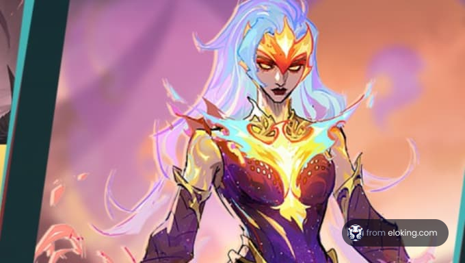 A vibrant fantasy character with flowing hair and ornate armor.