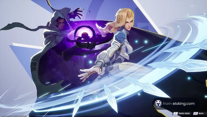 A fantasy character battle scene showcasing two characters in dynamic poses.