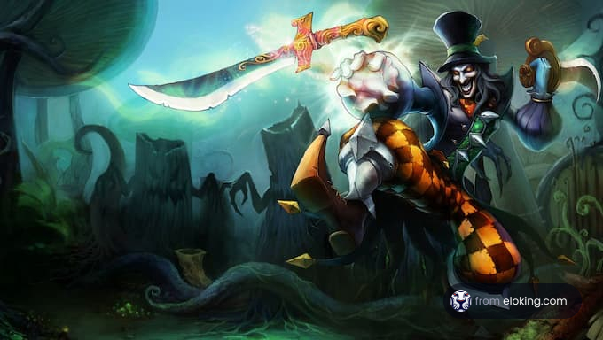 A fantasy character wielding a sword in a mystical forest.