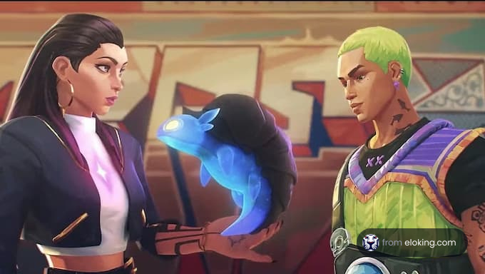 A woman and a man interacting with a blue creature in a fantasy setting.