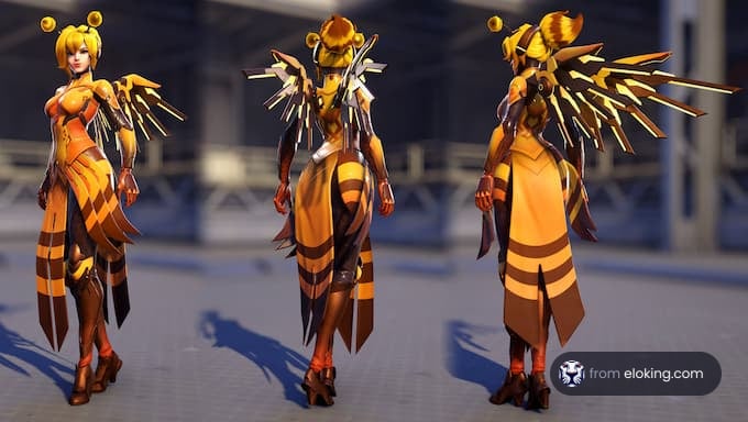 Three views of a fantasy video game character dressed in a bee-inspired costume