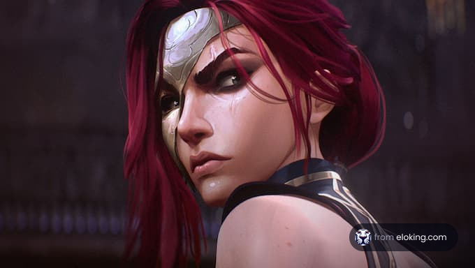 A striking portrait of a fantasy character with red hair and an intricate headpiece.