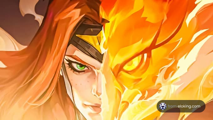 A fantasy character with fiery dragon elements