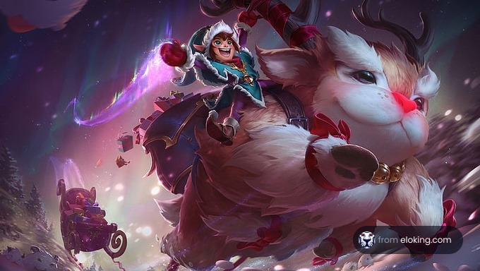 Fantasy character riding a magical fluffy creature through a starry winter landscape