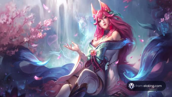 Postać fantastyczna siedząca w kwitnącym ogrodzie