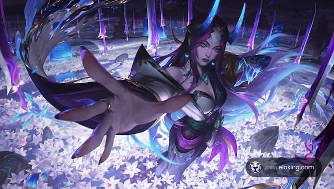 A fantasy sorceress reaches out towards beautiful flowers in a mystical landscape.