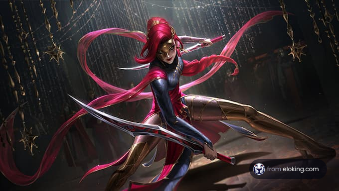 A dynamic fantasy character wielding swords in an action pose.