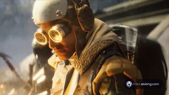 A fantasy character wearing goggles in a snowy landscape