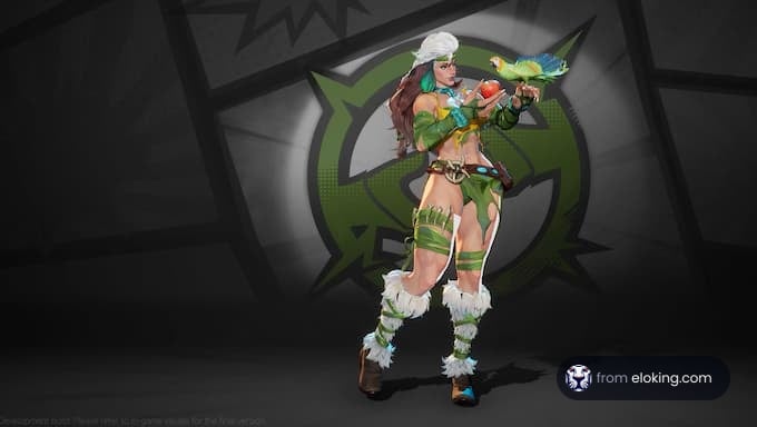 A fantasy character holding a parrot and fruit