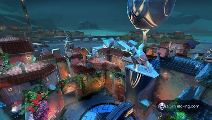 Fantasy video game cityscape at dusk with statues and vibrant houses