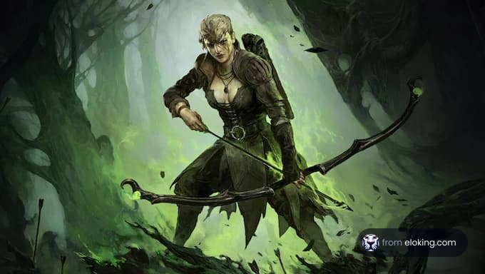 A fantasy elf archer standing in a dark forest with a bow.